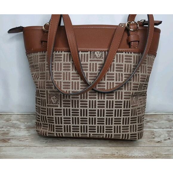 Anne Klein Tote Bag Handbag Purse Zip Top Brown/Tan Vegan Leather Canvas - Picture 4 of 15